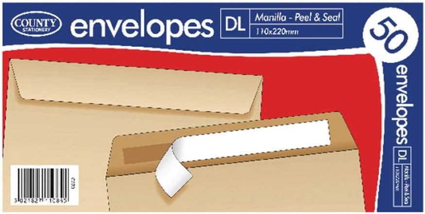 DL Manilla Peal and Seal Envelope, 20 Pack of 50, Brown, 110mm x 220mm