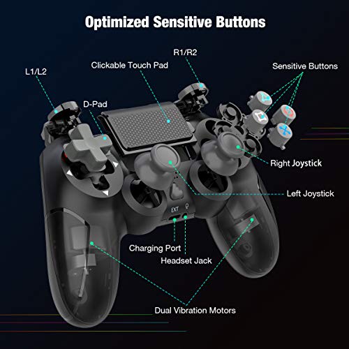Wireless Controller for Playstation 4, Y-Team 1000mAh Game Controller for PS4 Gamepad Remote Joystick with Dual Vibration, Gyro, 3.5mm Headset Jack, Speaker, LED, USB for PS4/Pro/Slim/PC/Laptop(Black)