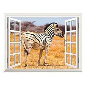 Removable Wall Sticker/Wall Mural - A Zebra on The African Savannah with Acacia Trees | Creative Window View Wall Decor - 24"x32"