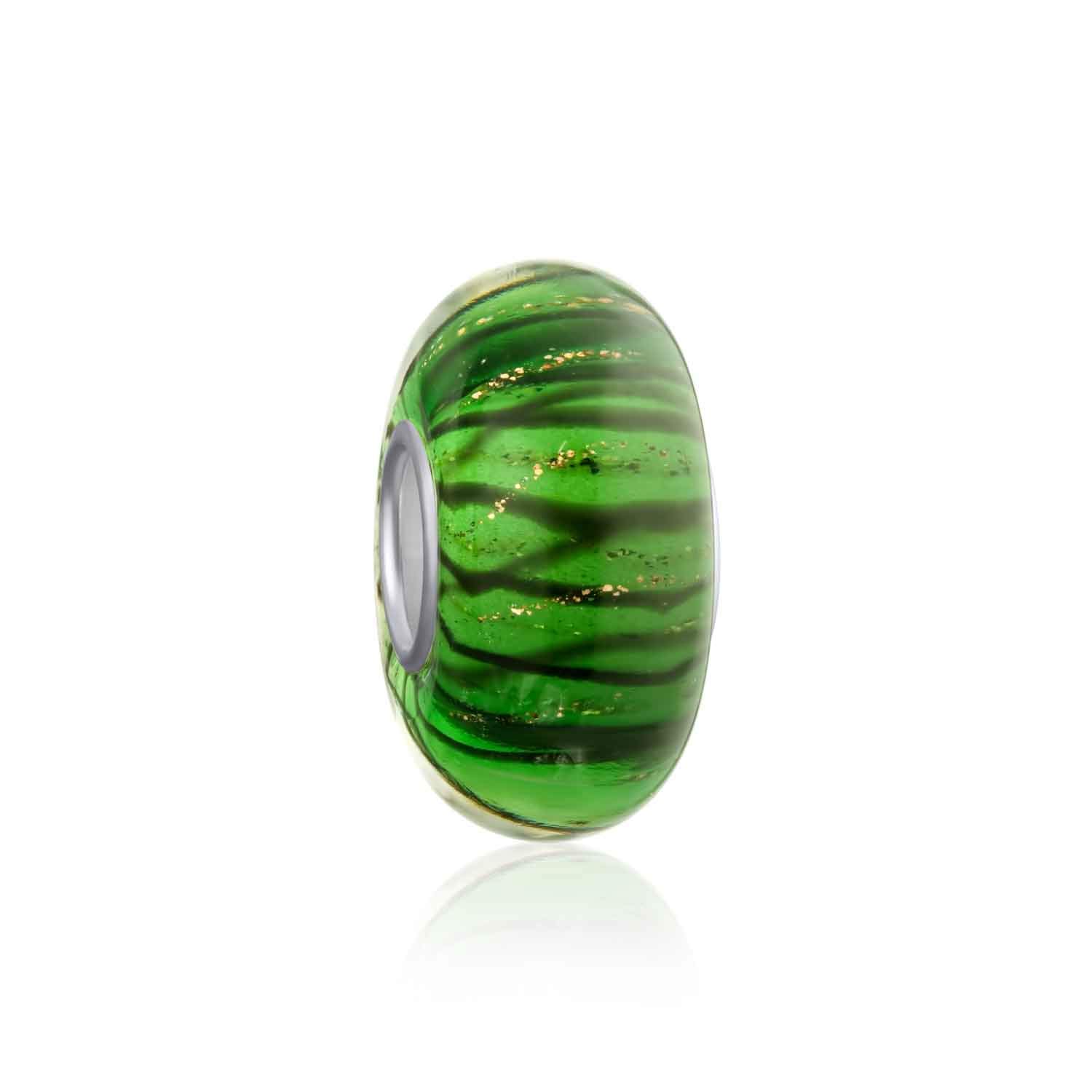 Bling Jewelry Murano Glass Spacer Green Glitter Swirl Stripe Charm Bead Fits European Bracelet For Women Teen .925 Sterling Silver Core