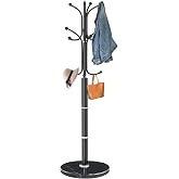 Snaikor Metal Coat Rack Freestanding, Sturdy Coat Rack Stand with Natural Marble Base, Modern Black Coat Racks Tree Hats Hanger Holder Stand for Entryway, Hallway, Office(12 Hooks)