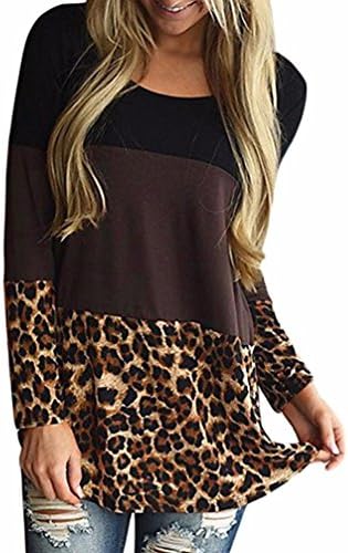 Gocheaper Long Tunic,Women's Patchwork Leopard Pullover Blouse Dress Tops T-Shirt (M, Brown)
