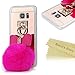 S7 Edge Case,Galaxy S7 Edge Case - Mavis's Diary 3D Handmade Bling Pink Mirror Soft TPU Design Lovely Hot Pink Bow with Fluff Ball Shiny Crystal Diamonds Clear Cover for Samsung Galaxy S7 Edge (2016)
