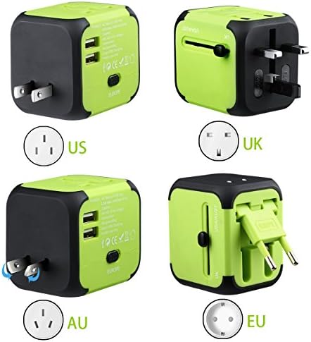 Travel Adapter, Universal Travel Adapter All-in-one Worldwide Travel Adapter for USA EU AU UK about 150 Countries Universal Adapter Wall Plug with Dual USB (Green) - GynTi