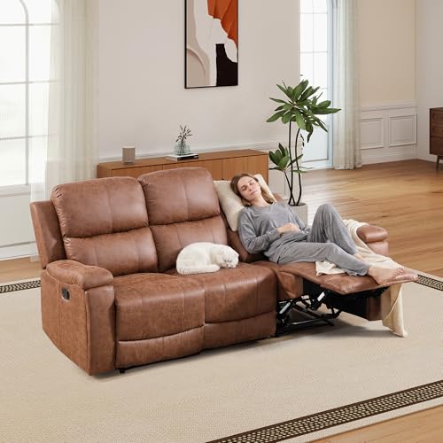 CANMOV Leather 3-Seat Recliner Sofa, Manual Reclining Sofa with Hidden Cup Holders, Padded Headrest & Lumbar Support 3-Seat Couch for Living Room, Home Theater, Brown