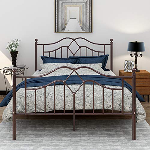 Metal Bed Frame Full Size Modern American Style Mattress Headboard Footboard Heavy Duty Steel Slabs Bronze