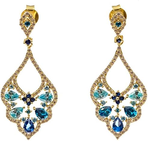 925 Sterling Silver Gold Tone Chandelier Dangle Earrings With White CZ and Blue Lab Created Stones - By Piers Design