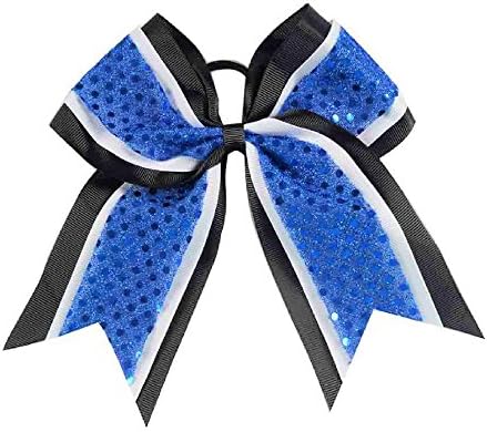 Girls Sequin Premium Grosgrain Ribbon Cheer Hair Bow (Black/White/Royal Blue)
