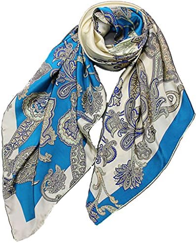 Helan Women's Real Natural Silk 110 X 110 cm Square Scarves Beige and Blue Floral