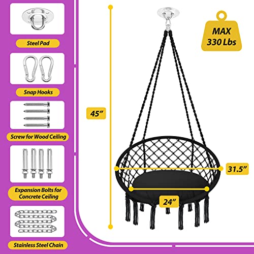 Patio Watcher Hammock Chair Hanging Macrame Swing with Cushion and