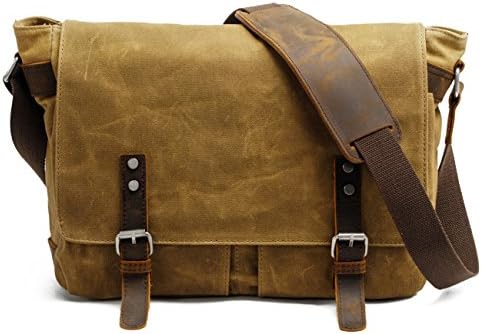 SWYIVY Vintage Oil Wax Water-resistant Canvas with Crazy-horse Leather 15-inch Laptop Briefcase, Messenger Satchel Bag for Men Everyday Use 13.8"(L)x10.6"(H) x 4.3"(W) (Khaki)