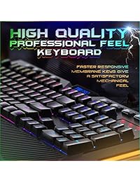 [Upgraded 2020] Gaming Membrane Keyboard with Mechanical Feel Clicks, LED RGB Backlight 104 Keys + 8 Multimedia & Ergonomic Stand - Anti-Ghosting, Palm Rest - for PC MAC Computer Desktop Pro Gamers