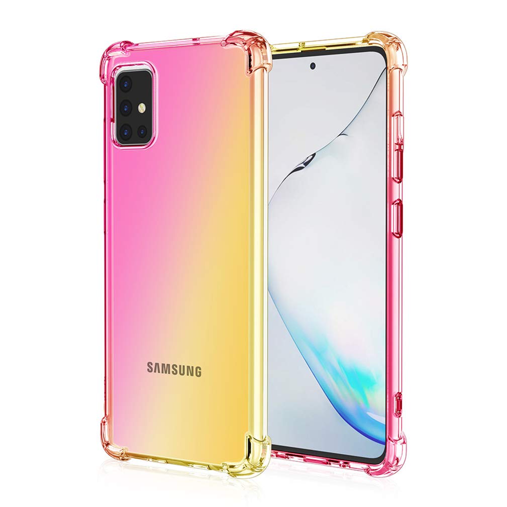 HAOYE Case for Samsung Galaxy A71 Case, Gradient Color Ultra-Slim Crystal Clear Anti Smudge Silicone Soft Shockproof TPU + Reinforced Corners Protection Phone Cover (Pink/Gold)