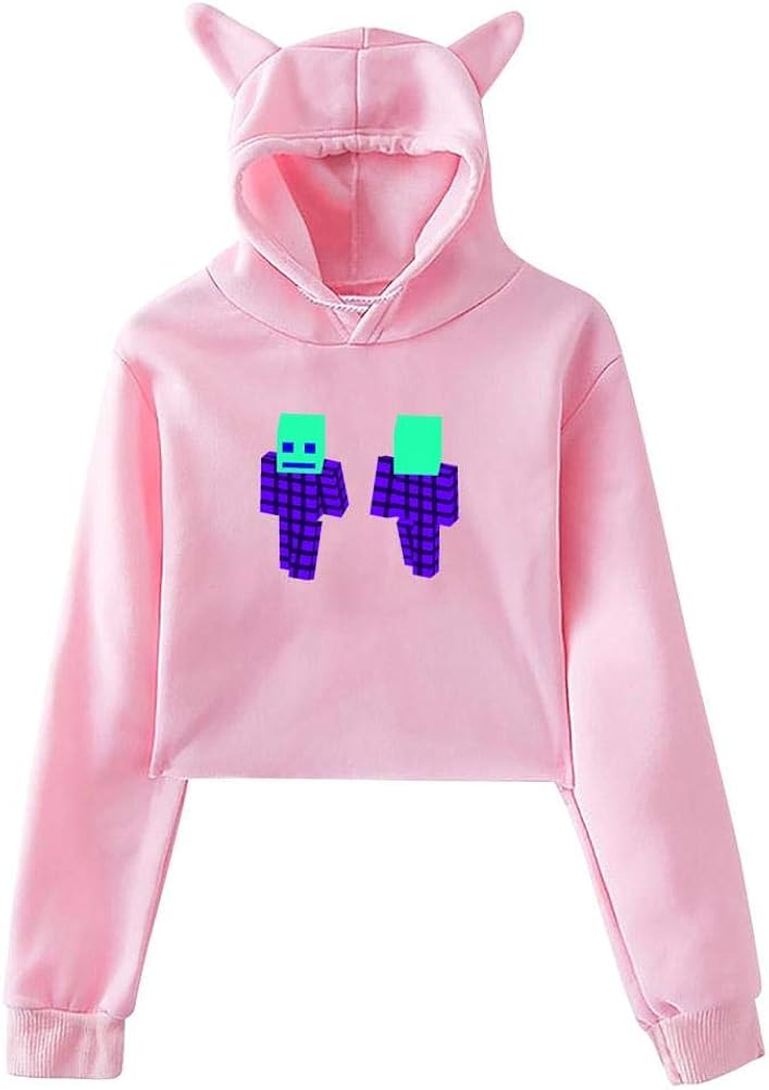 3D Print Womens Cute Cat Ear Crop Top Hoodie Geometry-Dash-3D Crop Top Sweatshirt