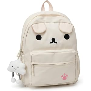 Roozxbscen Cute Bear Backpack for Women Nylon Cartoon Kawaii Daily Bag Lightweight Travel Daypack with Soft Cloud Pendant (Wh