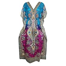 Mogul Interior Women's Caftan Maxi Dresses Printed Blue Resort Wear One Size