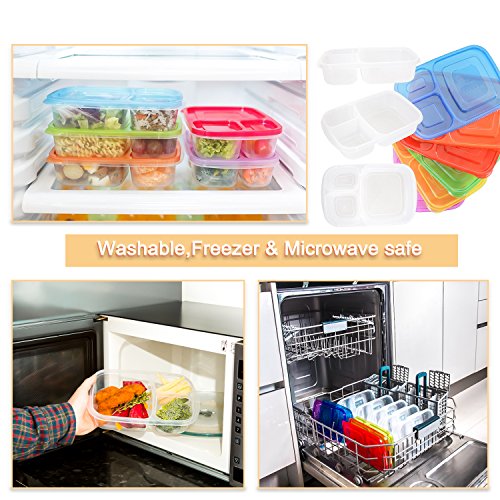 Meal Prep Containers,Bento Lunch Box,Reusable 3-Compartment Easy Open Safe Plastic Divided Food Storage Container Boxes for Kids Children Adults,Microwave,Dishwasher and Freezer BPA Free(6 Pcs)
