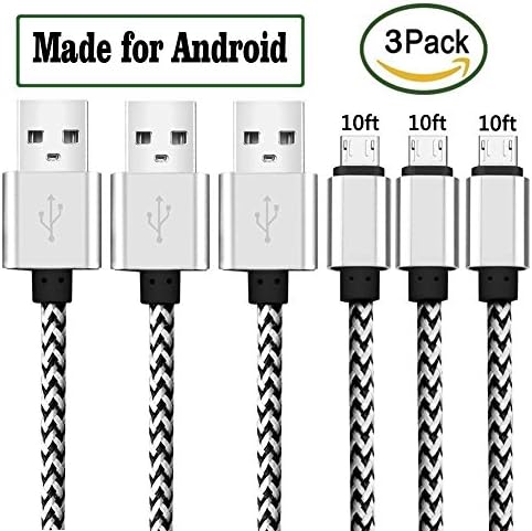 Micro USB Cables, Filsume 3Pack (10ft 10ft 10ft) Nylon Braided Data Sync Charger Cord High Speed Fast Charger for Android Samsung HTC Motorola LG Sony Blackberry Smartphones Tablets