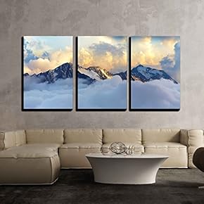 3 Piece Canvas Wall Art - Alpine Landscape with Peaks Covered by Snow and Clouds - Modern Home Art Stretched and Framed Ready to Hang - 16"x24"x3 Panels