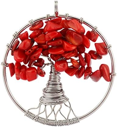 SAILING Natural Crystal Wire Warped Pendant DIY Silver Beads Chain Necklace Amulet Jewelry Red Coral