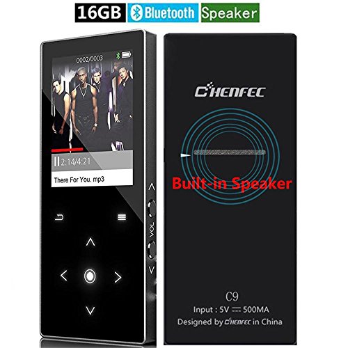 DeeFec MP3 Player with Bluetooth 16GB Built-in Speaker Music Player Touch keys 1.8 Inch TFT Screen FM Radio, Voice Recorder Functions Metal Body Supports up to 64GB SD Card Black