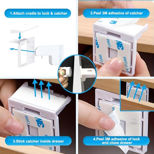 TERRIFI 12 PCS Baby Cabinet Safety Locks - Magnetic Child Proof Locks for Cabinets & Drawers, No Drill with 3M Adhesive - Includes 2 Keys, Easy Install for Secure Baby Proofing