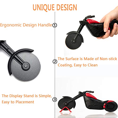 Motorcycle Pizza Cutter, Pizza Slicer Cutter Wheel with Stainless Steel Blade Funny Pizza Gifts with Display Stand