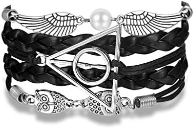 Handmade Harry Potter Deathly Hallows Inspired-Kids Edition- Silver Triangle Owls/Snitch Bracelet-Black Leather Braid/Rope(Black+White)