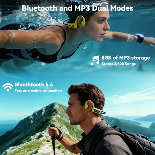 sunvito Bone Conduction Swimming Headphones - IPX8 Waterproof Open-Ear Headphones with Built-in MP3 Player, Bluetooth 5.4 Sports Headphones for Swimming Surfing Running & Cycling (Green)