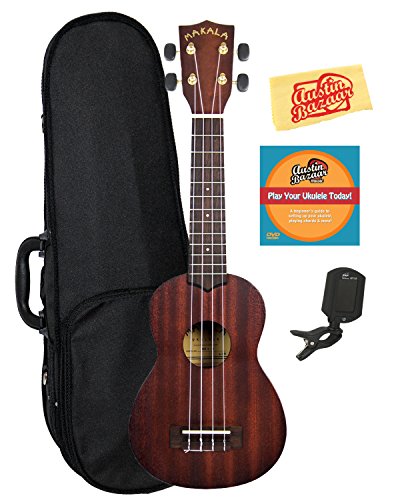 Kala MKA-S Makala Soprano Ukulele Bundle with Hard Case, Clip-On Tuner, Austin Bazaar Instructional DVD, and Polishing Cloth - Black Tuners