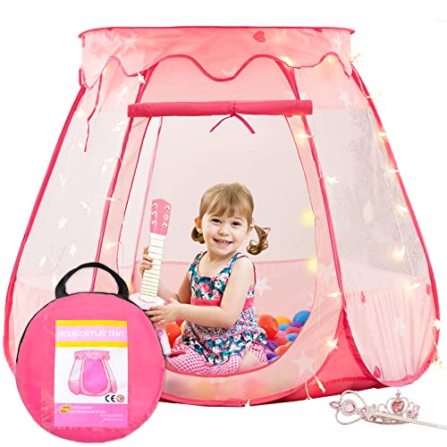 Pop Up Princess Tent with 5 Meters Light String, Gentle Monster Girls Play Tent Bonus Tiara and Wand Set, Foldable Indoor & Outdoor Toddler Playhouse, Gift for Kids 1 2 3 Years…