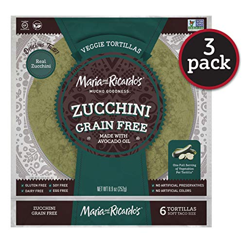 Maria & Ricardo's Zucchini Grain Free Tortillas. (3 Packages) 1 serving of vegetables in each tortilla. Non GMO PV. Vegan. Gluten Free. 6 Tortillas per Pack (18 Tortillas)