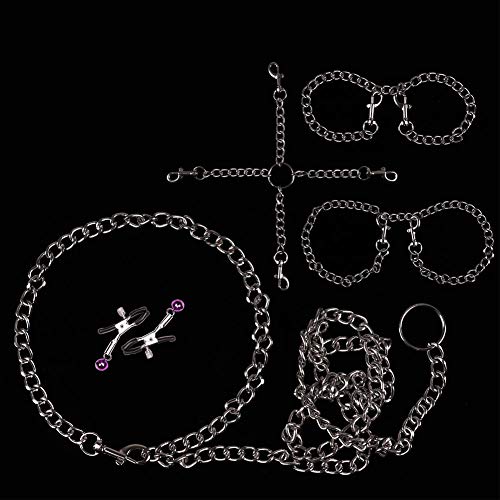 5 Piece Metal Bondage Restraints Set Kit for Bed and Under Bed Sex Play SM Bondage Toy Gear Wrist Ankle Cuff Handcuff Collar Nipple Clip Strap On Harness for Women Couples Lesbian Female,A2