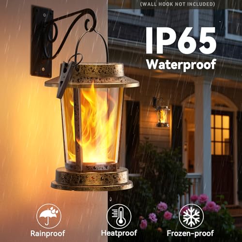 TuyLuxe Solar Lights for Outdoor Hanging/Standing, Solar Lanterns for Outdoor Warm White, IP65 Waterproof Retro Solar Lights, Garden Decoration with Clips for Outdoor Garden, 2 Pieces (Bronze, Flame