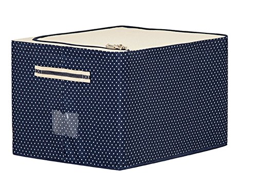 JJMG Stackable Storage Box Polka Dots Oxford Cloth Steel Frame Shelf Quilt Clothing Blanket Pillow Shoe Holder Container Organizer See-through Window double zipper Folding - Dark Blue (2 pack x 66L)