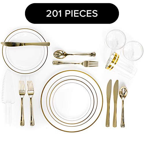 201 Piece Gold Rim Elegant Disposable Plastic Silverware and Plate Set Serves 25, with 25 Dinner Plates, 50 Salad/Dessert Plates, 50 Forks, 25 Knives, 1 Cake Cutter, 25 Spoons & 25 12oz Plastic Cups