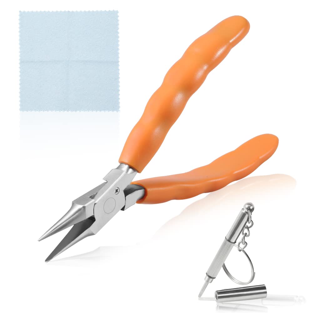 SPEEDWOX 6 Inches Chain Nose Plier Stainless Steel Eyeglasses Repairing Plier, Optical Glasses Frames Repair Assembling & Adjusting Hand Tools with Screwdriver and Glasses Cloth