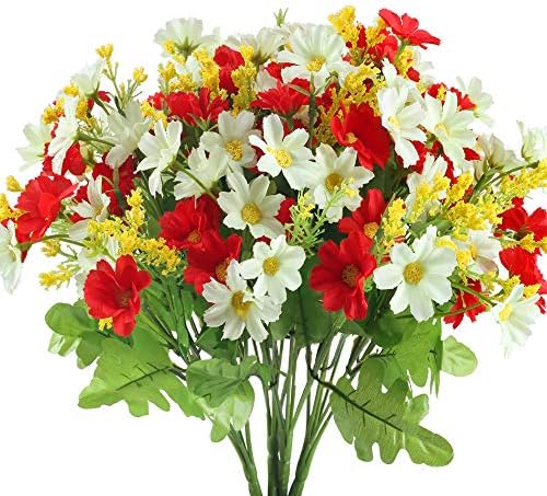 GTIDEA 4PCS Artificial Mini Daisy Flowers Bouquets 28 Heads Silk Arrangements Bridal Home DIY Garden Office Dining Table Wedding Decor Red/White