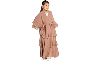 AWIBMK Kids Girls Abayas layered Chiffon Cardigan Dubai Kaftan Prayer Dress Muslim Islamic Robe Ramadan Kimono Outfit