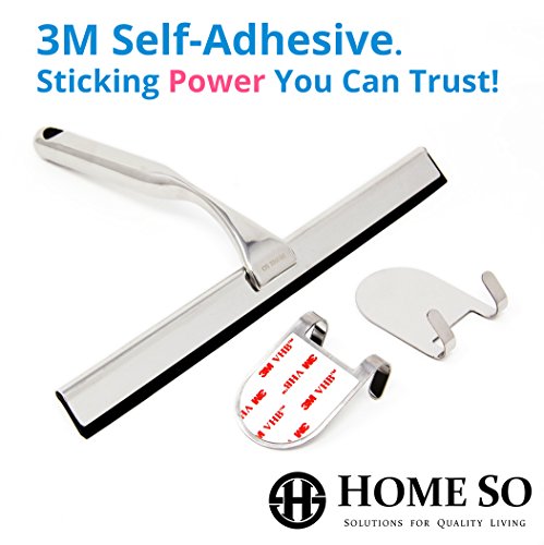 HOME SO Shower Squeegee with Two 3M Adhesive Holder Hooks - Deluxe Stainless Steel Wiper Scraper for Bathroom Shower Glass Door, Mirror, Windows, Tiles - Chrome - Thumbnail 2