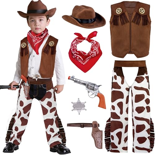 Spooktacular Creations Halloween Cowboy Hat Costume for Boys, Kids Brown White Western Costume, Deluxe Cowboy Outfit Set for Toddler Halloween RolePlay Themed Party (3T, 3-4 yrs)