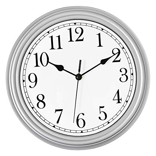 Foxtop Silent Non-Ticking Round Modern Quartz Decorative Battery Operated Silver Wall Clock for Living Room Kitchen Home Office School 12 inch