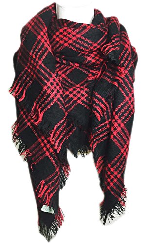 Aesthetinc Oversized Simple and Chic Tartan Check Plaid Frayed Knit Blanket Scarf (Red/Black)