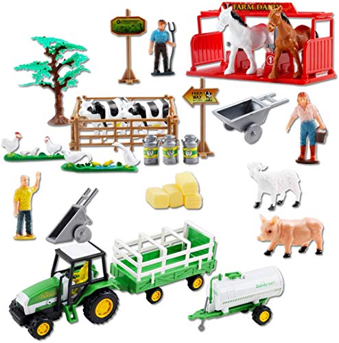 deAO 31-teiliges tragbares Bauernhofspielset mit Sattelzugmaschinen, verschiedenen Tierfiguren, Landwirt und Zubehör… – Bild 3