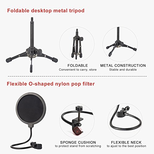 ZINGYOU ZY-801 Professional Studio Microphone, Desktop Computer Cardioid Condenser Mic with Tripod for PC Recording, Broadcasting (Black)