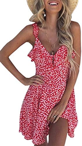 Womens Summer Floral Mini Dress Sexy V Neck Ruffle Sleeveless Strap Cute Casual Sundress