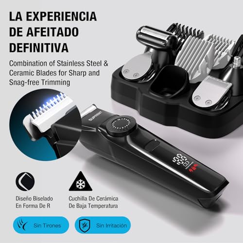 SUPRENT Men's Beard Trimmer – 5 in 1 Electric Shaver with 4 Accessories, IPX7 Waterproof Beard Trimmer, 90 Min Battery Life and LED Display