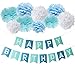 Wcaro Blue Happy Birthday Bunting Banner Birthday Party Decorations Tissue Paper Pom Poms Baby Blue Turquoise White Paper Flowers For Boy First Birthday Party Boy Baby Shower Decorations