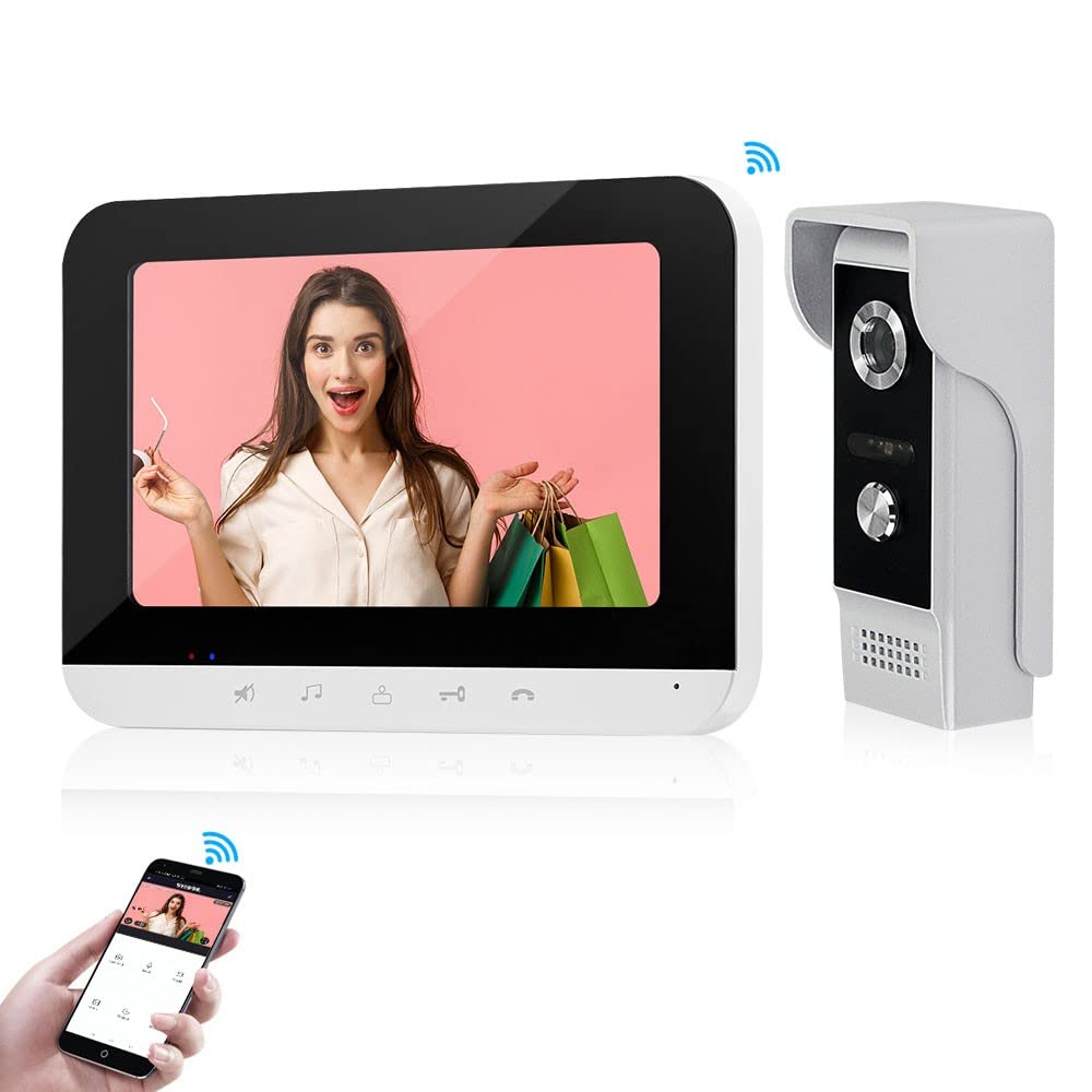 KurDunly 7 inch Wireless WiFi Video Doorbell Intercom System Tuya Indoor Monitor with Wired Door Phone Call Panel Night Vision for Home Villa