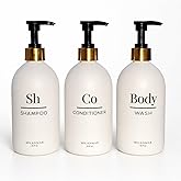 Milanmar Shampoo Conditioner Body Wash Dispenser Set, Pearl White - Refillable Matte Plastic Cylindrical Bottles, 16.9 oz Pump Containers, Minimalist Bathroom Organization, Pack of 3, [White-Gold]